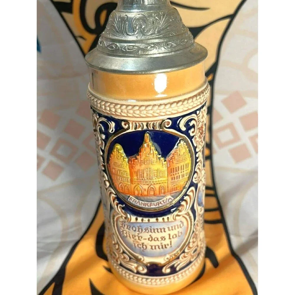 Vintage West German GERZ Lidded Beer Stein – German Cities Relief – Pewter Lid –